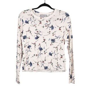 Bonjour Floral Shirt L Womens Long Sleeve White Blue Red 90s VTG Ribbed Stretch